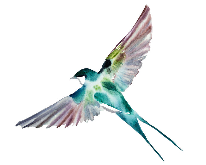 16” x 20” original watercolor flying green tree swallow bird painting in an expressive, impressionist, minimalist, modern style by contemporary fine artist Elizabeth Becker. 