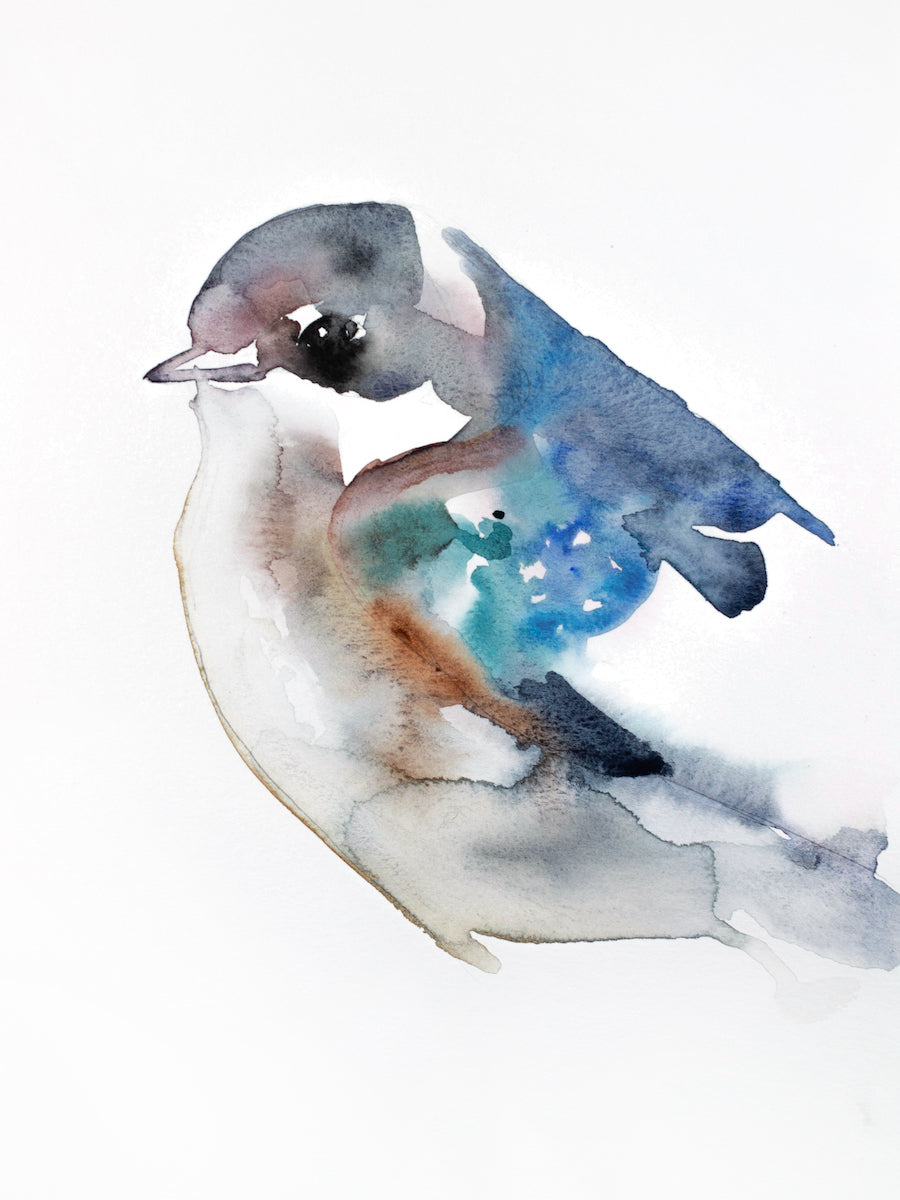 9” x 12” original watercolor barn swallow wildlife bird painting in an  ethereal, expressive, impressionist, minimalist, modern style by contemporary fine artist Elizabeth Becker. Soft watery blue green, turquoise, teal, gray and white colors.