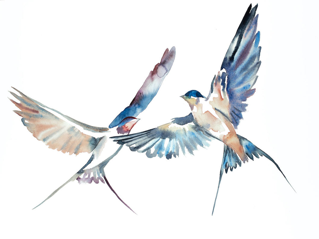 18” x 24” original watercolor flying swallow birds painting in an expressive, impressionist, minimalist, modern style by contemporary fine artist Elizabeth Becker
