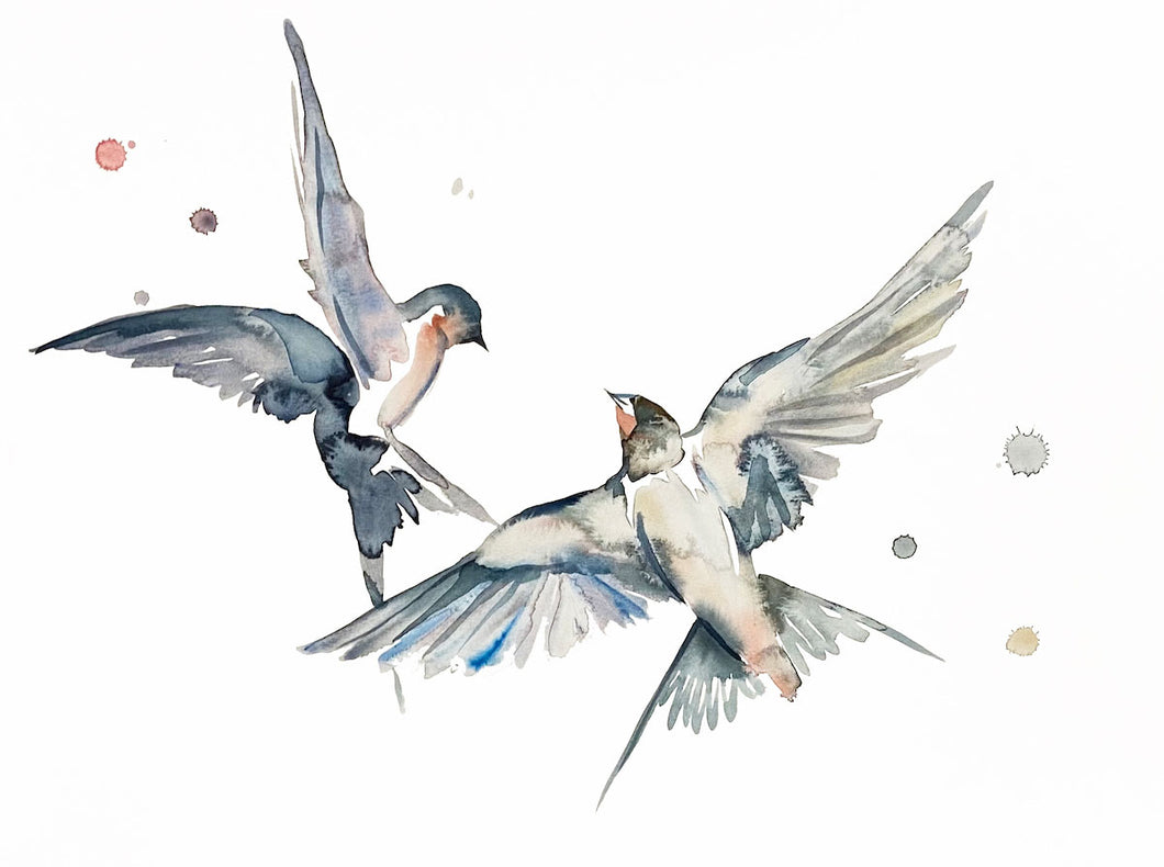 18” x 24” original watercolor flying swallow birds painting in an expressive, impressionist, minimalist, modern style by contemporary fine artist Elizabeth Becker
