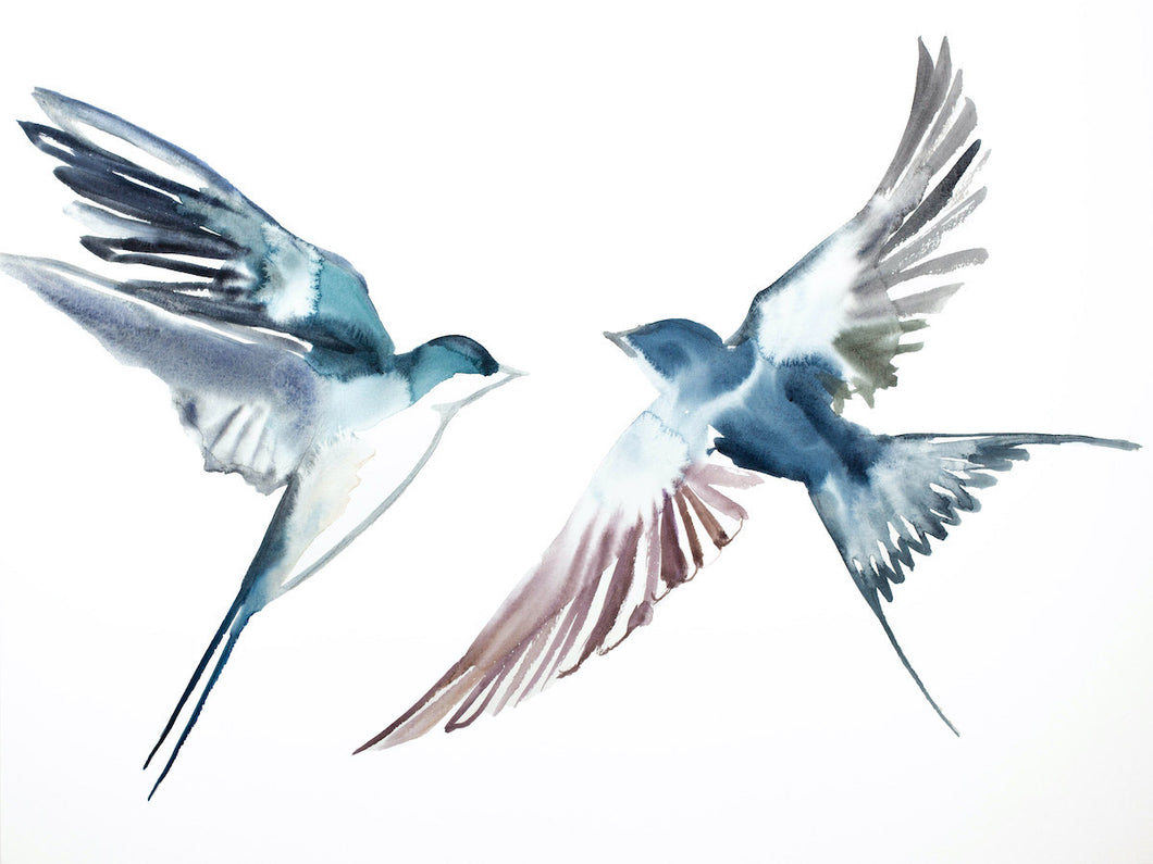 18” x 24” original watercolor flying swallow birds painting in an expressive, impressionist, minimalist, modern style by contemporary fine artist Elizabeth Becker. Soft mauve purple, blue green, gray and white colors.