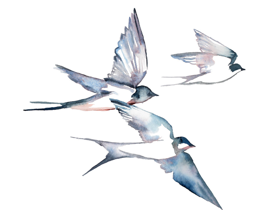 16” x 20” original watercolor flying swallow birds painting in an expressive, impressionist, minimalist, modern style by contemporary fine artist Elizabeth Becker. Monochromatic soft blue gray, pink, mauve purple and white colors.