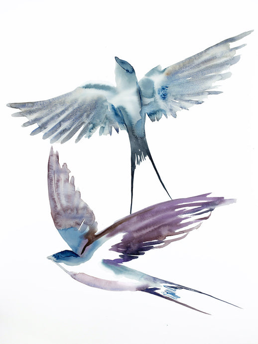 18” x 24” original watercolor flying swallow birds painting in an expressive, impressionist, minimalist, modern style by contemporary fine artist Elizabeth Becker. Monochromatic soft blue gray, purple and white colors.
