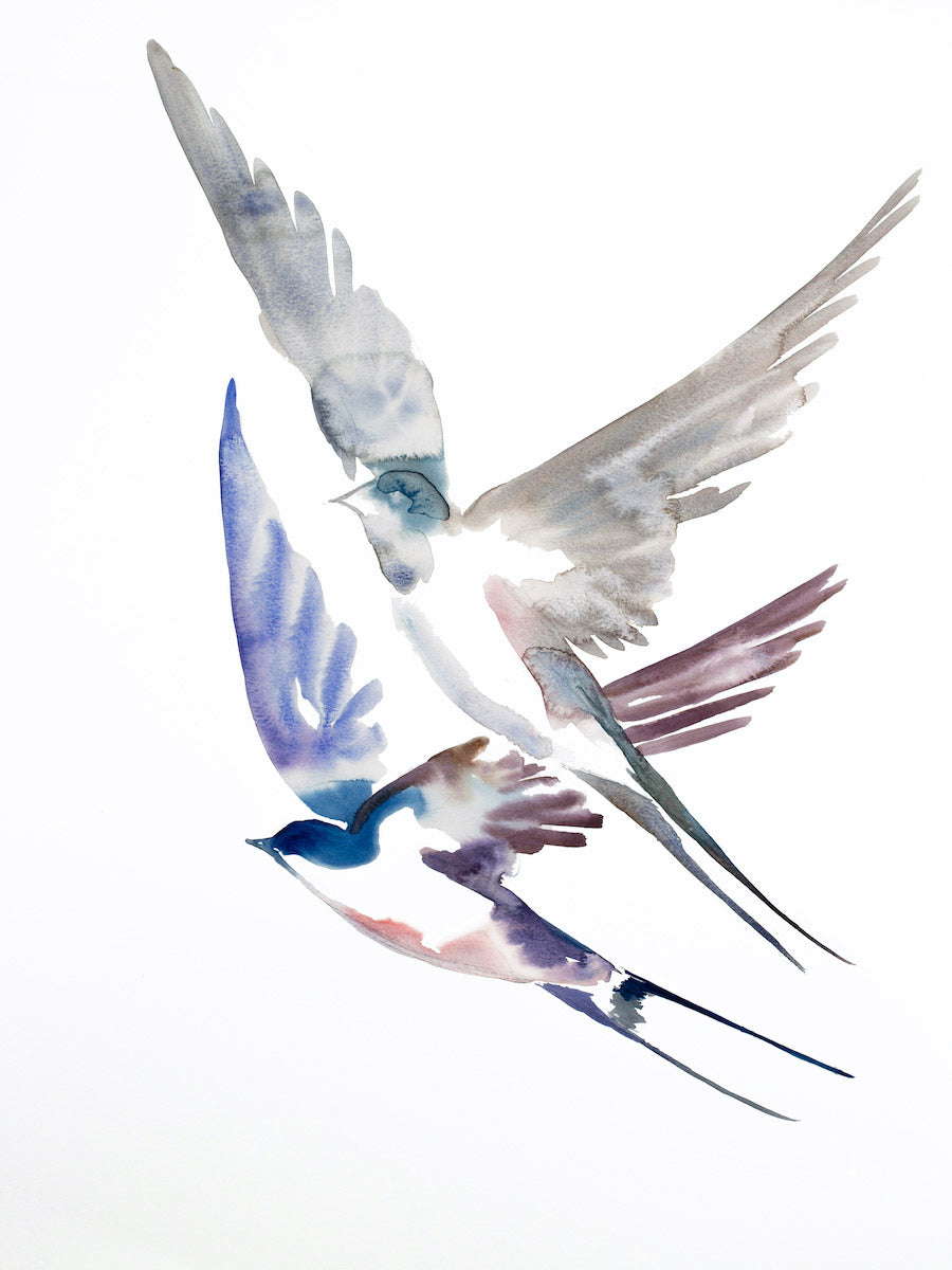 18” x 24” original watercolor flying swallow birds painting in an expressive, impressionist, minimalist, modern style by contemporary fine artist Elizabeth Becker. Soft blue gray, mauve purple and white colors.