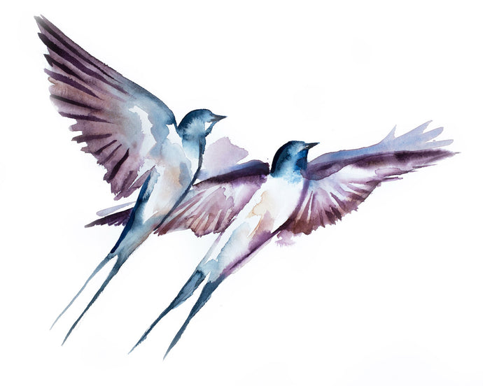 16” x 20” original watercolor flying swallow birds painting in an expressive, impressionist, minimalist, modern style by contemporary fine artist Elizabeth Becker. Monochromatic soft blue, mauve purple and white colors.