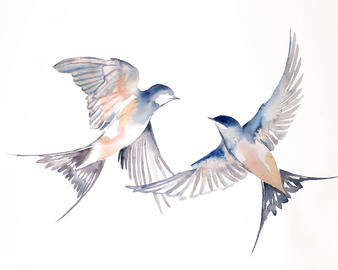 16” x 20” original watercolor flying swallow birds painting in an expressive, impressionist, minimalist, modern style by contemporary fine artist Elizabeth Becker