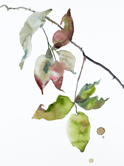 9” x 12” original watercolor botanical nature line painting of plant, leaves and branches in an expressive, impressionist, minimalist, modern style by contemporary fine artist Elizabeth Becker. Watery monochromatic green, mauve purple, deep red and white colors.