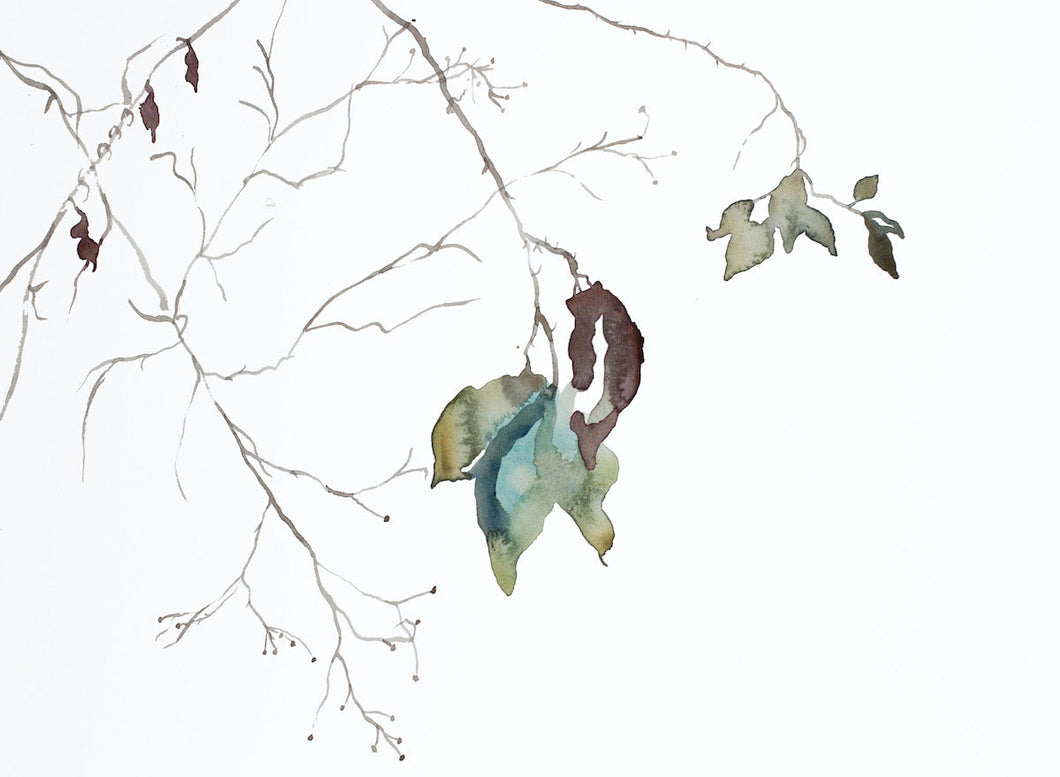 11” x 15” original watercolor botanical nature tree painting in an expressive, impressionist, minimalist, modern style by contemporary fine artist Elizabeth Becker. Soft blue green, gold, deep red, gray and white colors.