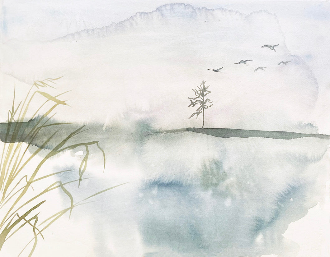 16” x 20” original watercolor abstract landscape painting in an expressive, impressionist, minimalist, modern style by contemporary fine artist Elizabeth Becker