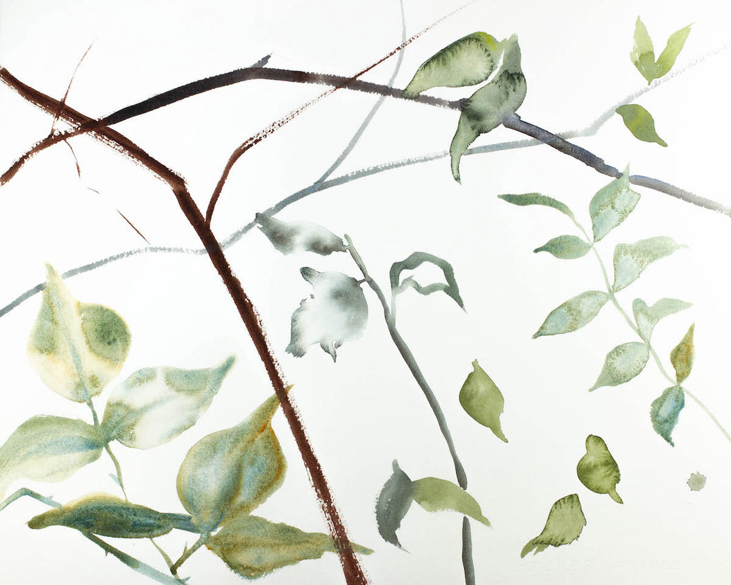 16” x 20” original watercolor botanical nature painting of leaves and branches in an expressive, impressionist, minimalist, modern style by contemporary fine artist Elizabeth Becker. Monochromatic soft green, gold, gray and white colors.
