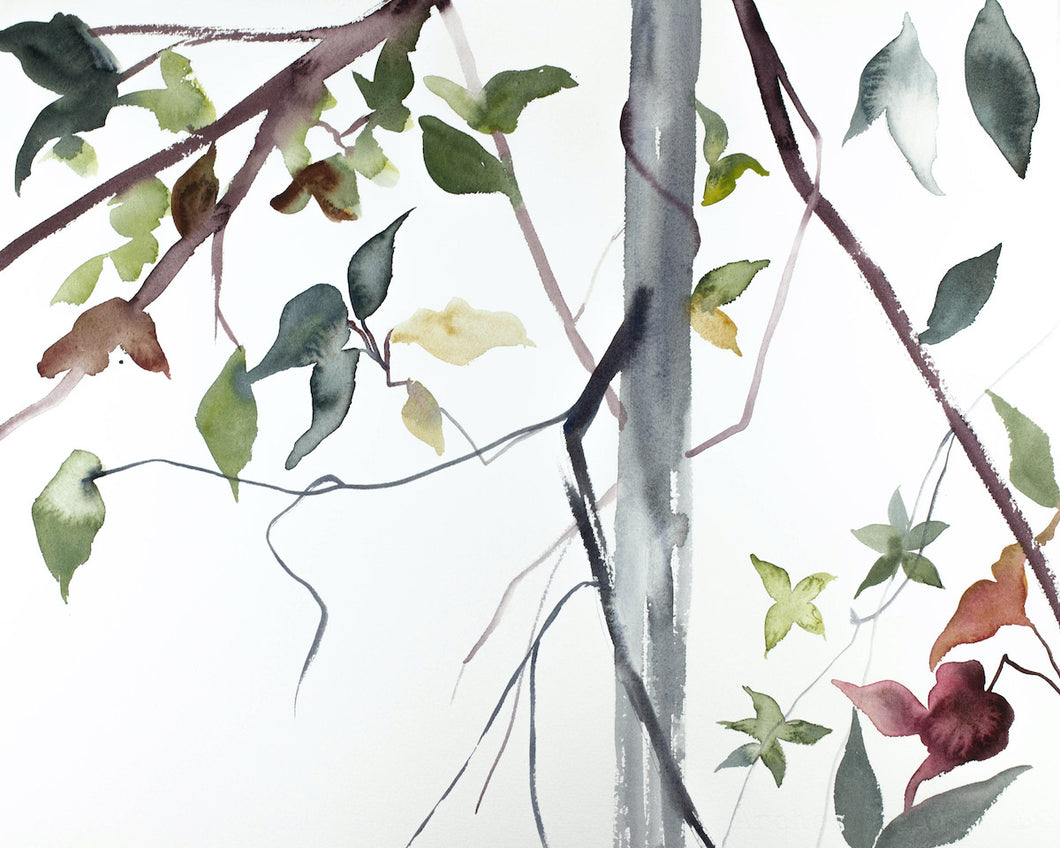 16” x 20” original watercolor botanical nature forest painting of tree, leaves and branches in an expressive, impressionist, minimalist, modern style by contemporary fine artist Elizabeth Becker. Monochromatic soft gray, blue green, gold, mauve purple, gray and white colors.
