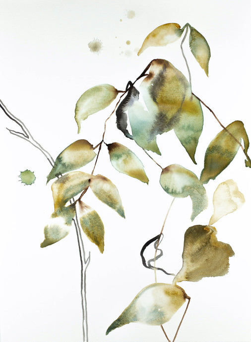 11” x 15” original watercolor botanical nature painting of leaves and branches in an expressive, impressionist, minimalist, modern style by contemporary fine artist Elizabeth Becker. 