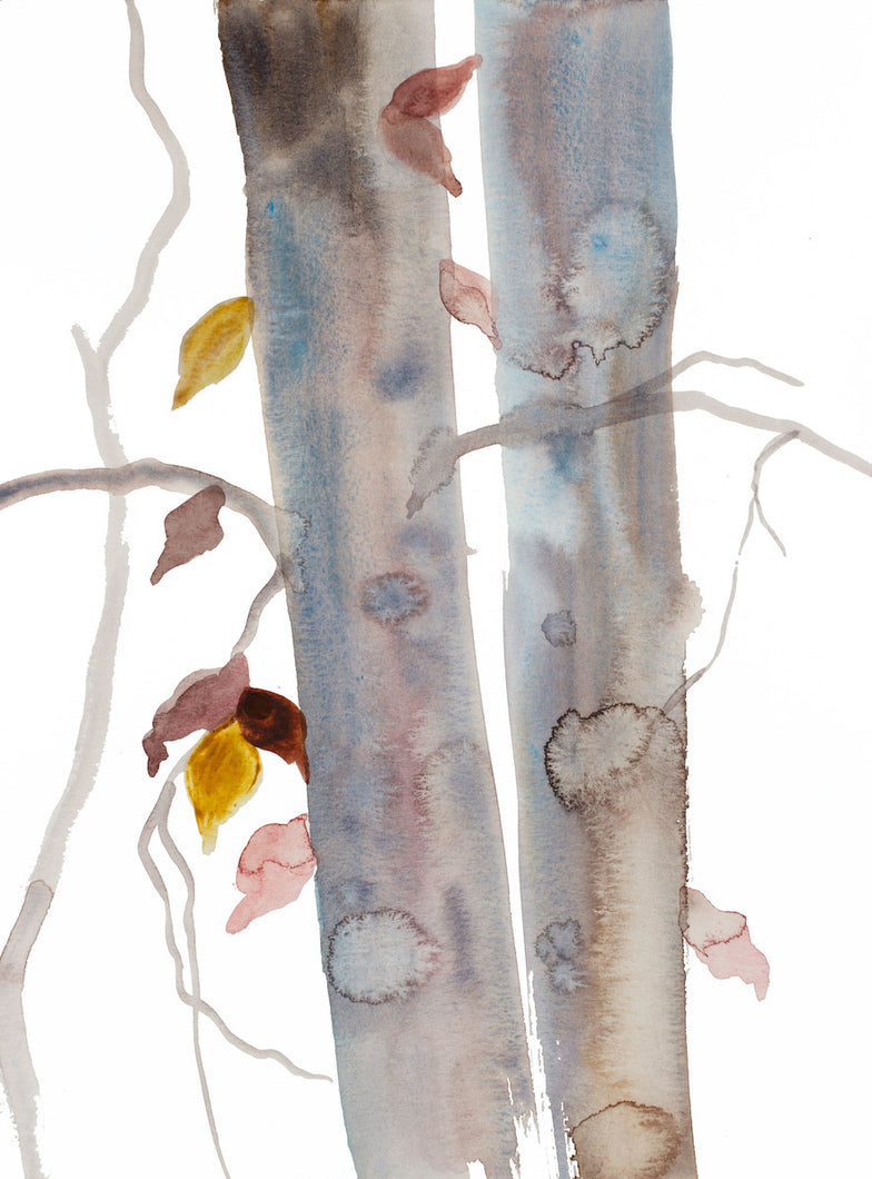 9” x 12” original watercolor botanical nature painting of trees, leaves and branches in an expressive, impressionist, minimalist, modern style by contemporary fine artist Elizabeth Becker. Monochromatic soft gray, green, pink, red, gold and white colors.