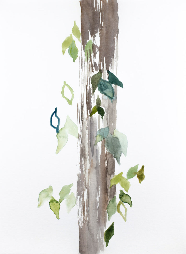 9” x 12” original watercolor botanical nature painting of tree and leaves in an expressive, impressionist, minimalist, modern style by contemporary fine artist Elizabeth Becker. Soft blue, green, gold, gray and white colors.