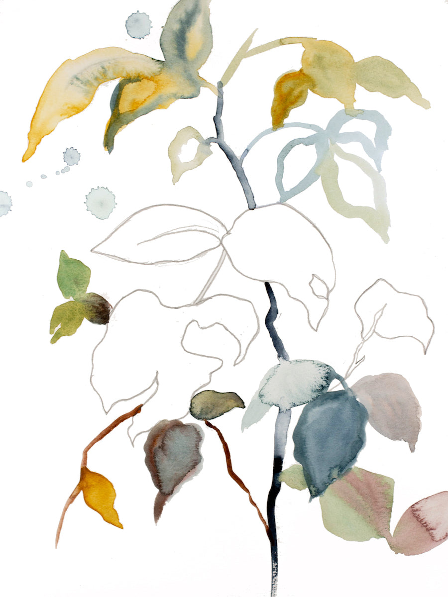 9” x 12” original watercolor botanical nature plant painting of leaves and branches in an expressive, impressionist, minimalist, modern style by contemporary fine artist Elizabeth Becker. Soft gold, yellow ochre, blue green and white colors.