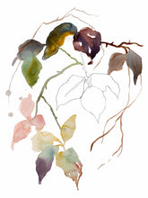 Load image into Gallery viewer, 9” x 12” original watercolor botanical nature line painting of plant, leaves and branches in an expressive, impressionist, minimalist, modern style by contemporary fine artist Elizabeth Becker. Soft pink, gold, yellow, blue green, deep red and white colors.
