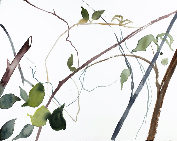 16” x 20” original watercolor botanical nature forest painting of leaves and branches in an expressive, impressionist, minimalist, modern style by contemporary fine artist Elizabeth Becker. Monochromatic soft green gray, mauve purple, brown and white colors.