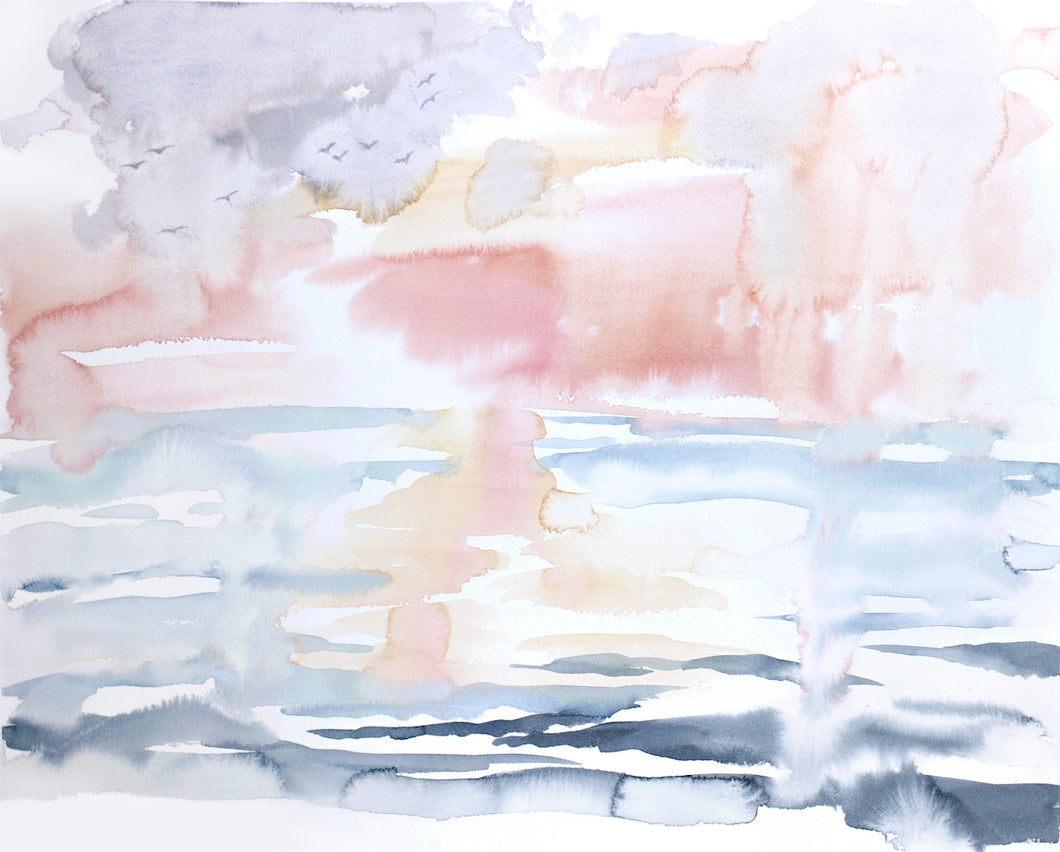 16” x 20” original watercolor abstract seascape painting in an expressive, impressionist, minimalist, modern style by contemporary fine artist Elizabeth Becker. 