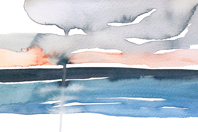 18” x 24” original watercolor abstract beachscape painting in an expressive, impressionist, minimalist, modern style by contemporary fine artist Elizabeth Becker