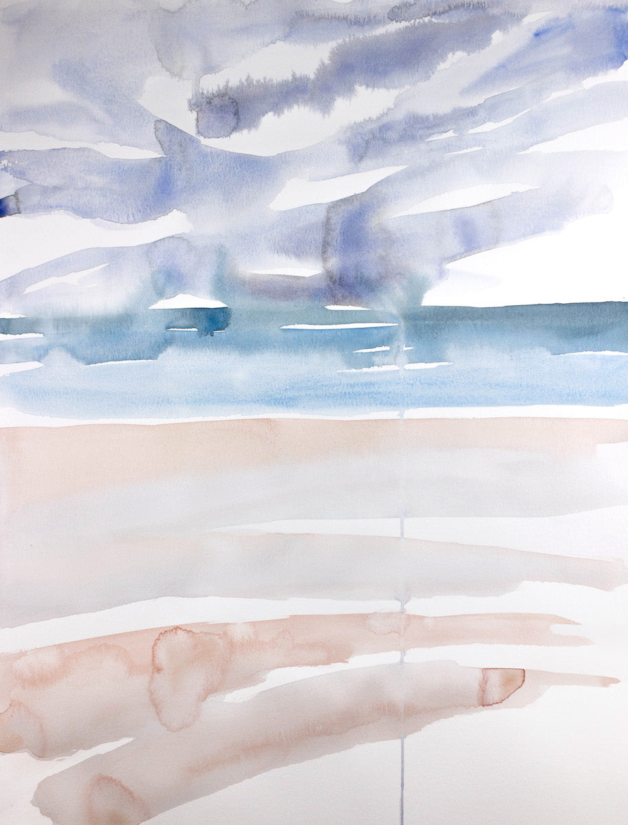 18” x 24” original watercolor abstract beachscape painting in an expressive, impressionist, minimalist, modern style by contemporary fine artist Elizabeth Becker