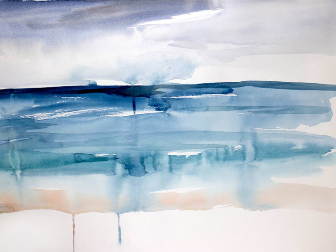 18” x 24” original watercolor abstract beachscape painting in an expressive, impressionist, minimalist, modern style by contemporary fine artist Elizabeth Becker