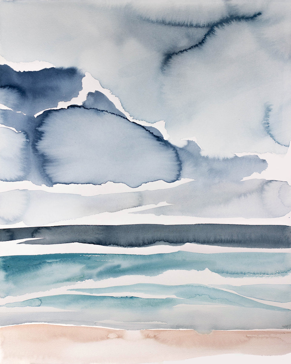 16” x 20” original watercolor abstract beachscape painting in an expressive, impressionist, minimalist, modern style by contemporary fine artist Elizabeth Becker. 