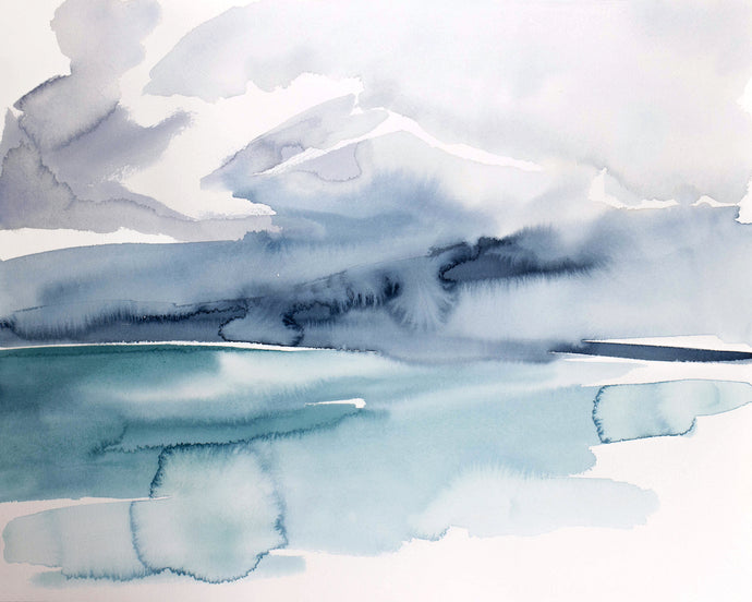 16” x 20” original watercolor abstract beachscape painting in an expressive, impressionist, minimalist, modern style by contemporary fine artist Elizabeth Becker. Soft muted moody blue green, turquoise, teal, payne's gray, black and white colors.