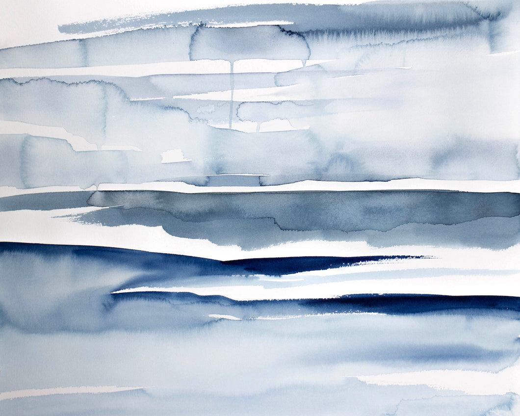 16” x 20” original watercolor abstract seascape painting in an expressive, impressionist, minimalist, modern style by contemporary fine artist Elizabeth Becker. Monochromatic blue and white colors.