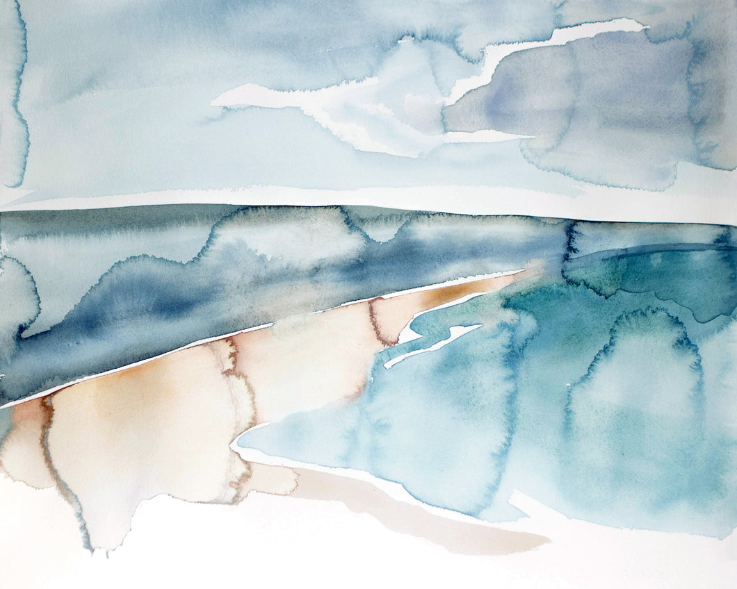 16” x 20” original watercolor abstract seascape painting in an expressive, impressionist, minimalist, modern style by contemporary fine artist Elizabeth Becker. 