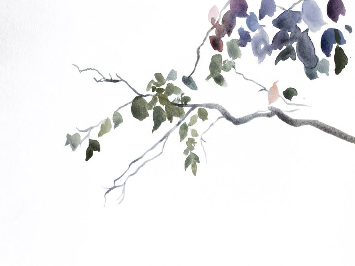 9” x 12” original watercolor abstract botanical nature painting of tree branches and leaves in an expressive, impressionist, minimalist, modern style by contemporary fine artist Elizabeth Becker. Soft monochromatic blue gray, green, purple and white colors.