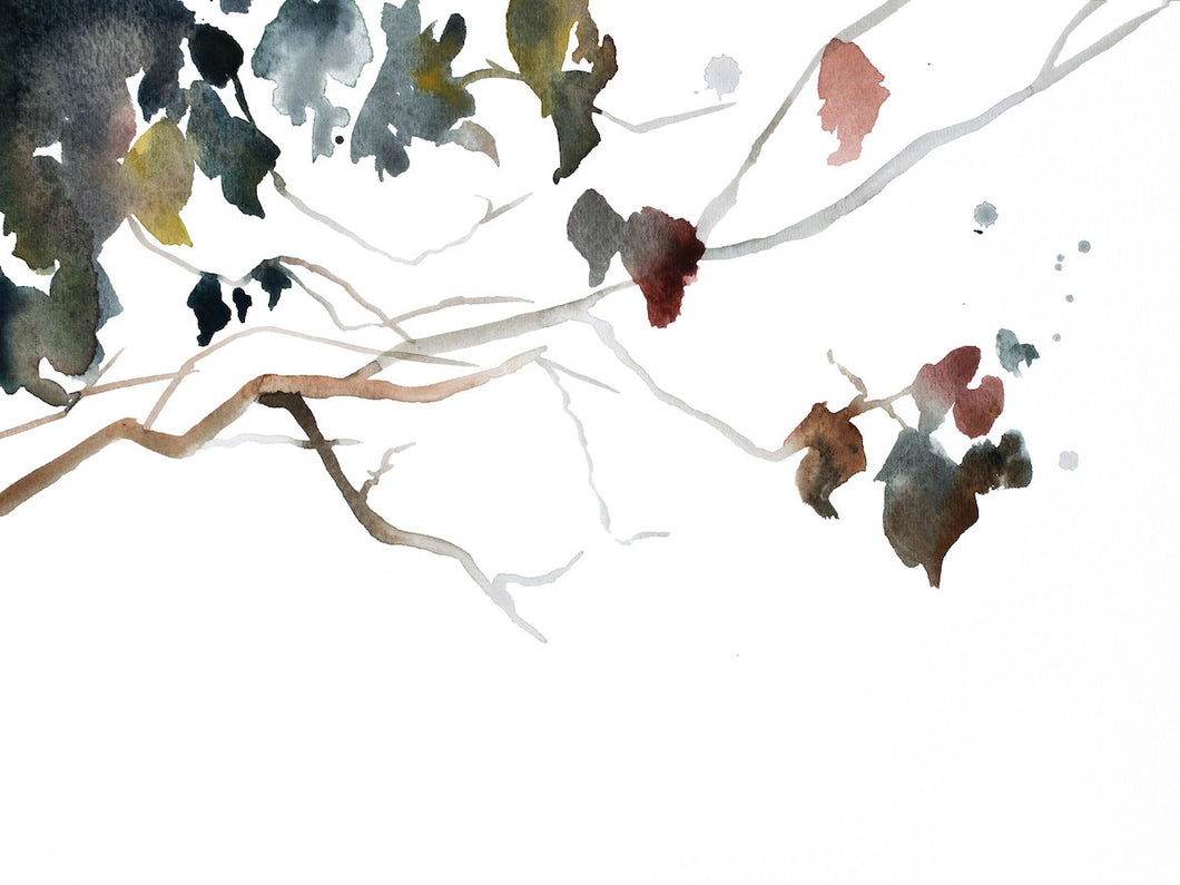 9” x 12” original watercolor abstract botanical nature painting of tree branches and leaves in an expressive, impressionist, minimalist, modern style by contemporary fine artist Elizabeth Becker. Soft blue green, peach, pink, gray and white colors.