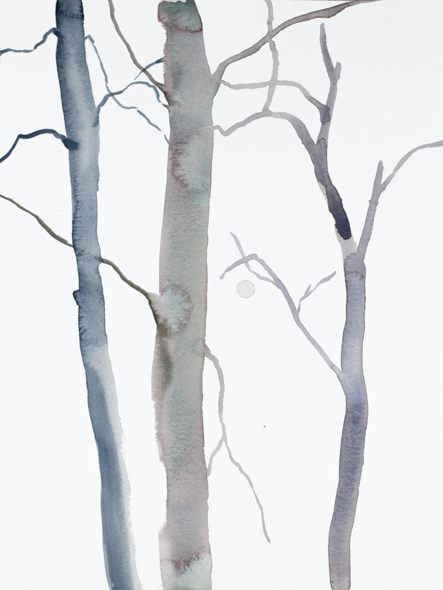 9” x 12” original watercolor botanical nature tree painting in an expressive, impressionist, minimalist, modern style by contemporary fine artist Elizabeth Becker. Soft monochromatic payne's grey, blue and white colors.
