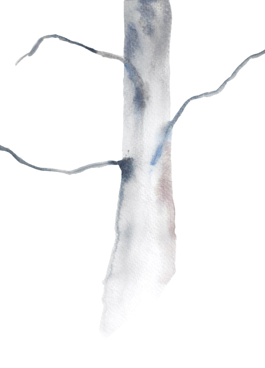 9” x 12” original watercolor botanical nature tree painting in an expressive, impressionist, minimalist, modern style by contemporary fine artist Elizabeth Becker. Soft muted neutral ethereal gray and white colors.