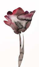 Load image into Gallery viewer, 12” x 20.5” original ink watercolor botanical floral painting in an expressive, impressionist, minimalist, modern style by contemporary fine artist Elizabeth Becker. Moody watery monochromatic red, eggplant or plum purple, gray, black and white colors.
