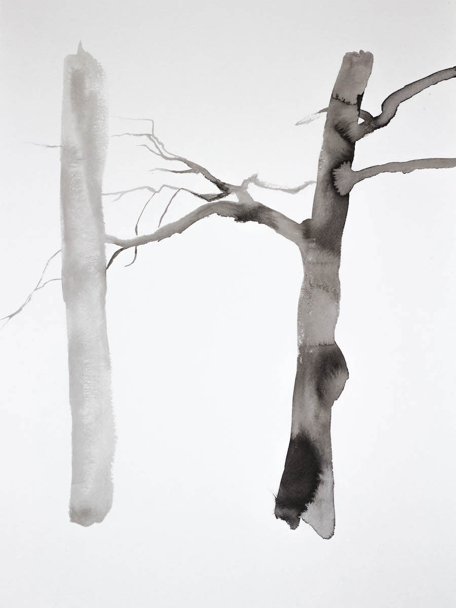 18” x 24” black and white original ink painting of bare winter trees in an expressive, impressionist, minimalist, modern style by contemporary fine artist Elizabeth Becker