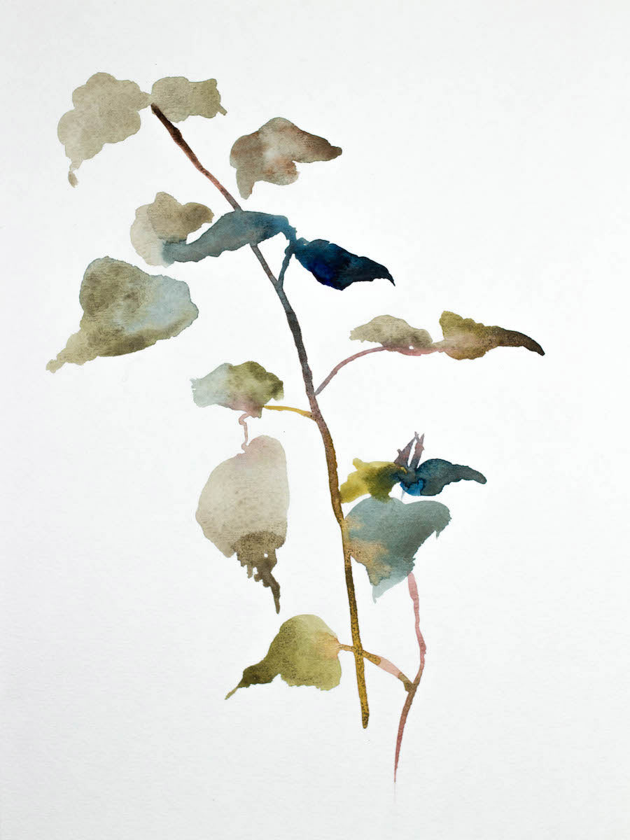 9” x 12” original watercolor botanical nature painting of plant and leaves in an expressive, impressionist, minimalist, modern style by contemporary fine artist Elizabeth Becker. Soft monochromatic blue green, gold and white colors.