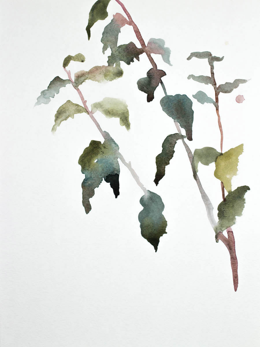 9” x 12” original watercolor botanical nature painting of plant and leaves in an expressive, impressionist, minimalist, modern style by contemporary fine artist Elizabeth Becker. Soft monochromatic muted blue green, gold, purple and white colors.
