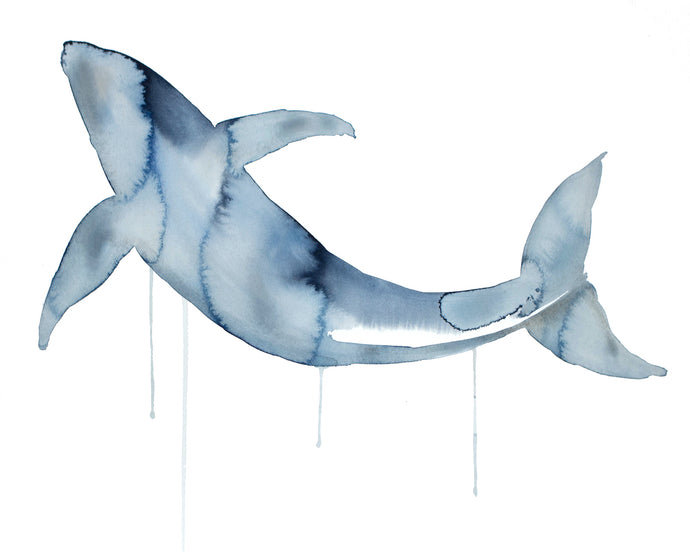 16” x 20” original watercolor ethereal whale painting in an expressive, impressionist, minimalist, modern style by contemporary fine artist Elizabeth Becker. 