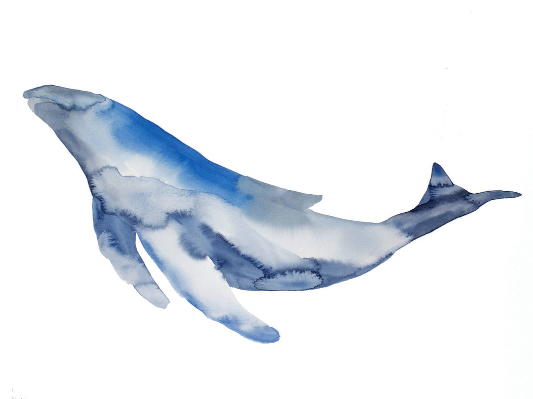 18” x 24” original watercolor blue whale painting in an expressive, impressionist, minimalist, modern style by contemporary fine artist Elizabeth Becker