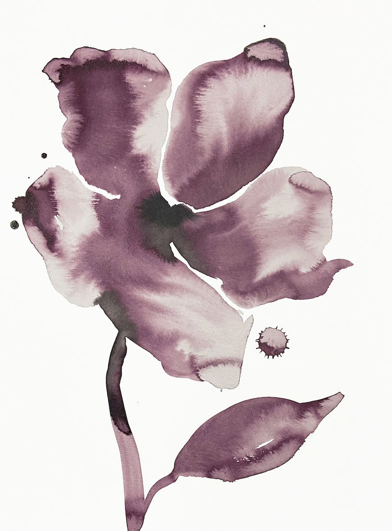 11” x 15” original watercolor ink botanical wild rose floral painting in an expressive, impressionist, minimalist, modern style by contemporary fine artist Elizabeth Becker. Watery muted mauve, eggplant or plum purple and white colors.