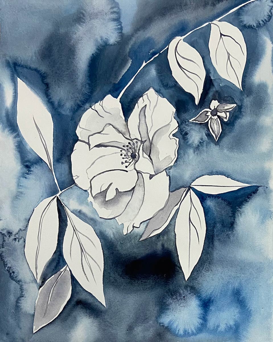 16” x 20” original watercolor botanical wild rose floral painting in an expressive, impressionist, minimalist, modern style by contemporary fine artist Elizabeth Becker