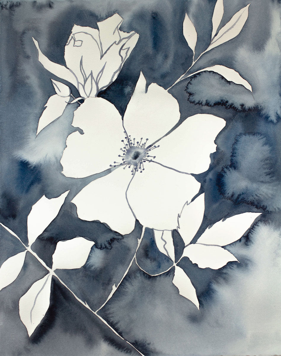 16” x 20” original watercolor botanical wild rose floral painting in an expressive, impressionist, minimalist, modern style by contemporary fine artist Elizabeth Becker. Monochromatic black, white and payne's gray soft colors.