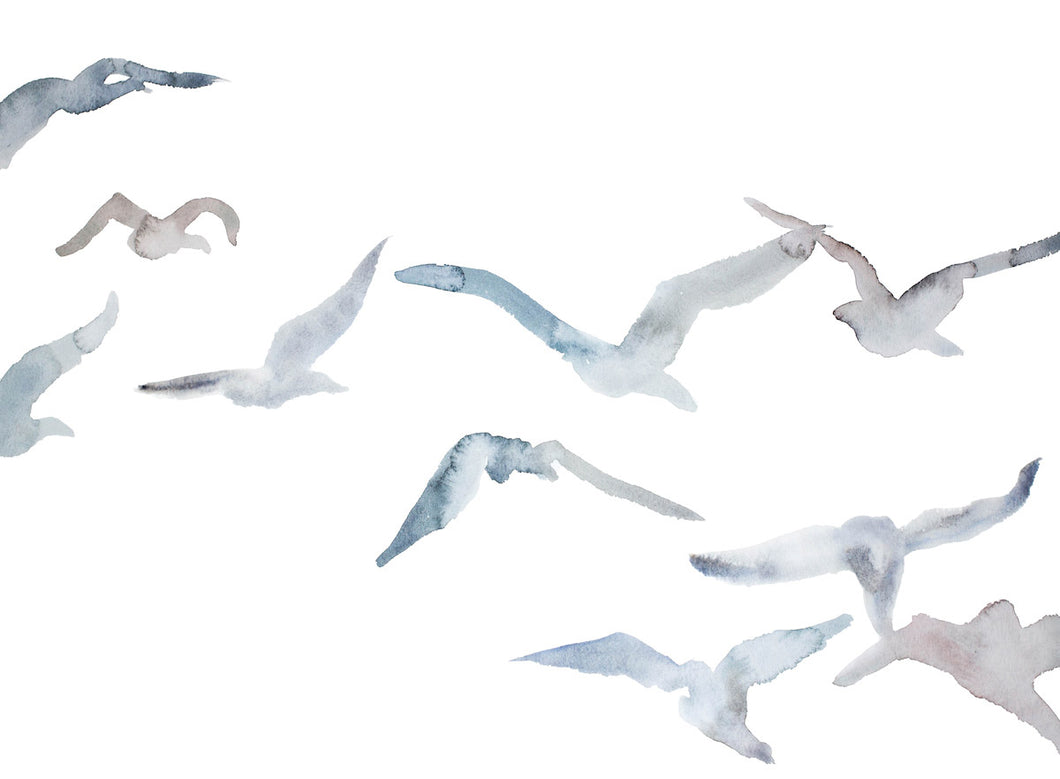 18” x 24” original watercolor flying geese birds painting in an ethereal, expressive, impressionist, minimalist, modern style by contemporary fine artist Elizabeth Becker. Soft muted pale blue gray and white colors.